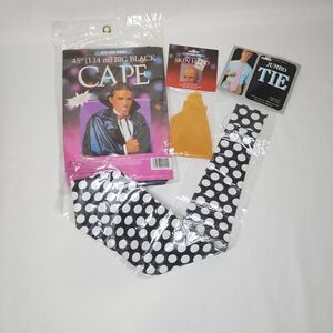 Vintage 1980s Costume Pieces Vinyl Jumbo Tie, Bald Head Cap, Vampire Cape